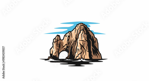 A stylized, rough-hewn rock arch emerges from dark water under light blue streaks