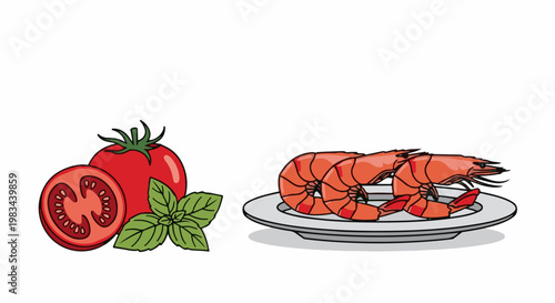 Fresh tomatoes with basil next to cooked shrimp on a plate