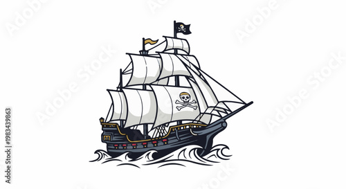 Cartoon pirate ship with Jolly Roger flag and skull emblem sails