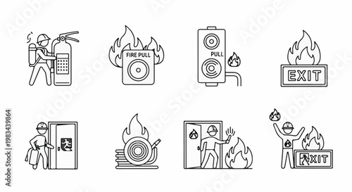 Fire safety icons firefighter, extinguisher, alarms, exit, hose, and flames