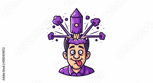 Cartoon of a person with a purple rocket launching from their head