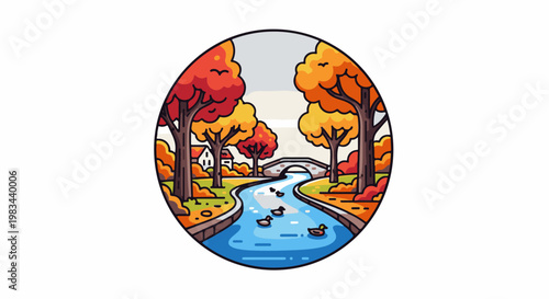 Autumnal scene with ducks on a canal, a bridge, and a house