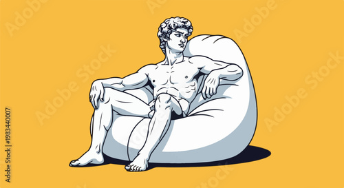 Ancient sculpture figure relaxing on modern beanbag chair
