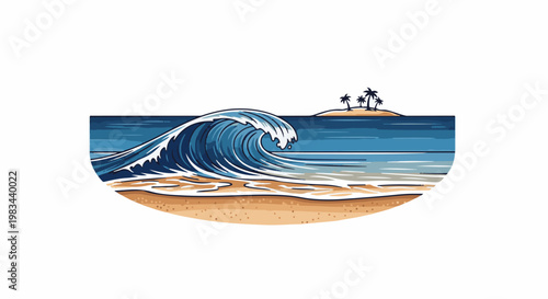 Crashing ocean wave on a sandy beach with distant palm-covered island