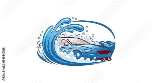 Blue car gets a bubbly wash with water splashes within a blue oval