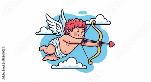 Adorable winged cherub with rosy curls aims a bow with a heart-tipped arrow