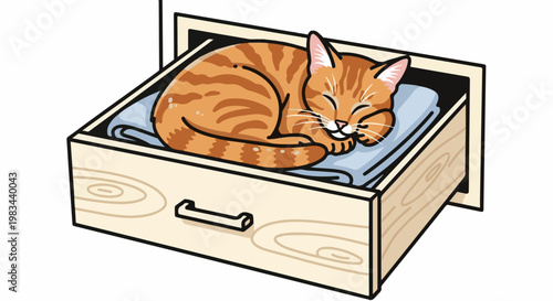 Adorable orange tabby cat peacefully sleeping curled up on a soft blue cloth inside an open wooden drawer