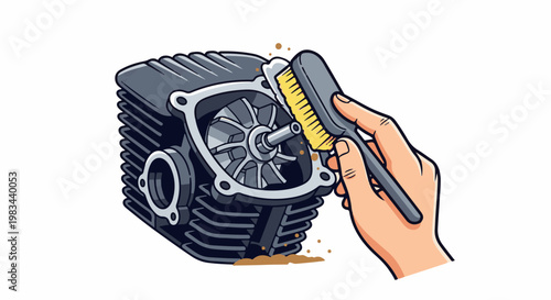 Close-up illustration of a hand cleaning a mechanical engine component with a brush