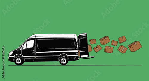 Black van with open doors spills cardboard boxes onto a green background