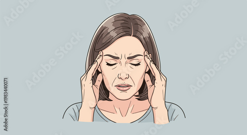 A woman with closed eyes presses her temples, her face contorted in pain