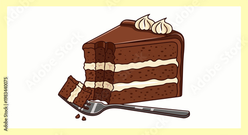 Chocolate cake slice with cream and a fork