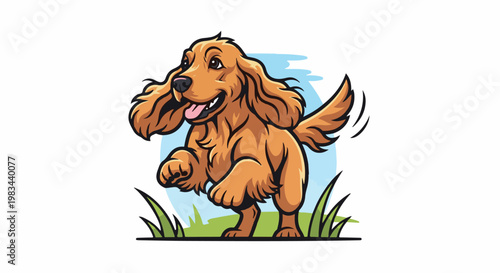 Animated brown dog with floppy ears running happily through green grass