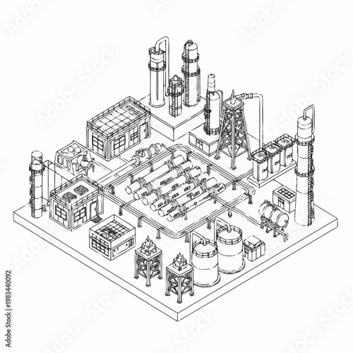Isometric line drawing of an industrial oil refinery complex with various structures and pipelines.