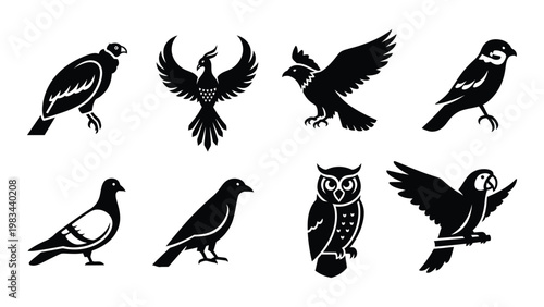 A collection of eight black silhouette birds including owls pigeons and birds of prey high quality