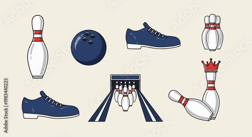 Collection of bowling equipment and pins on a plain background