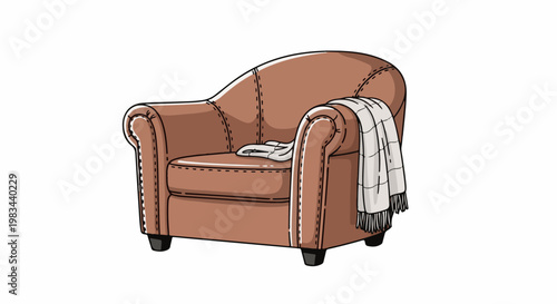 Cozy brown armchair with a knitted throw draped over its arm