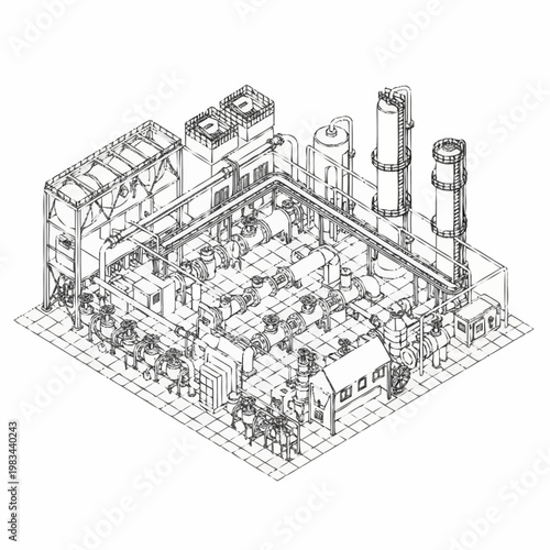 Detailed isometric line drawing of a modern industrial power plant facility with multiple structures and equipment.