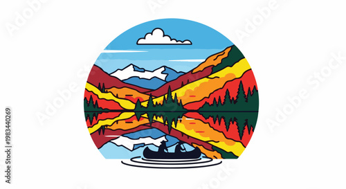 Colorful mountain reflection in a lake with a canoe carrying two people