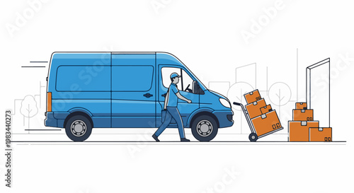 Delivery driver with van and parcels beside a building in a cityscape
