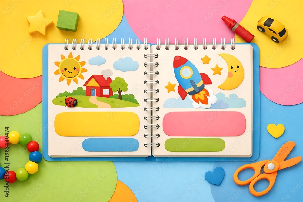 Fototapeta premium Colorful Children's Learning Book with Playful Illustrations and Toys