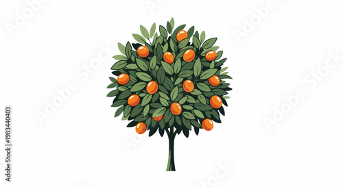 A stylized cartoon illustration of a citrus tree laden with ripe orange fruits