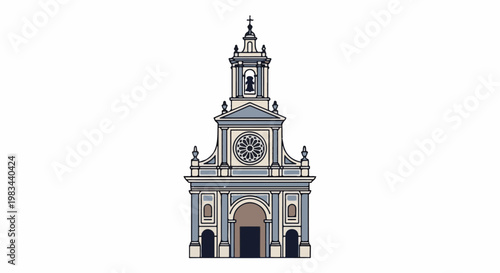 A stylized drawing of a church with a bell tower and arched entrance