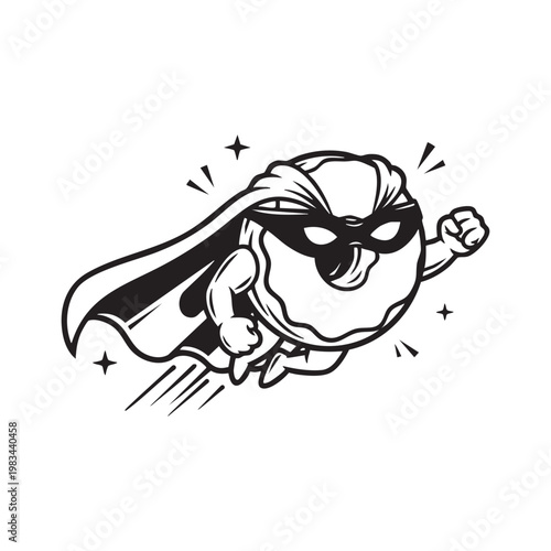 A cartoon donut character flies like a superhero posed with a determined expression silhouette high quality