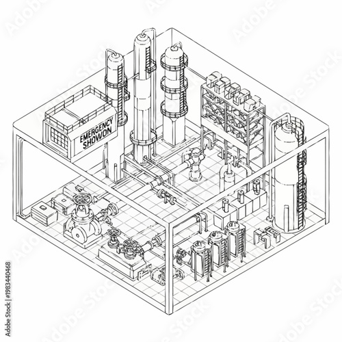 Isometric line drawing of a compact industrial processing plant with various equipment and machinery.