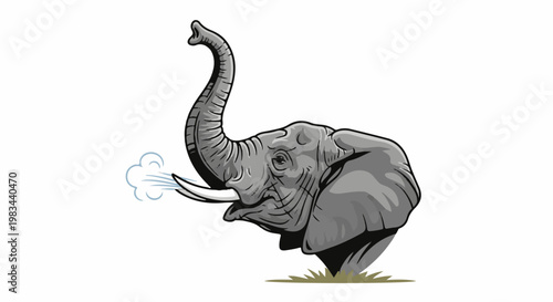 Gray elephant head with trunk up, exhaling blue mist