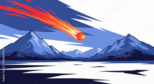 Fiery meteor streaks across icy landscape under a blue sky