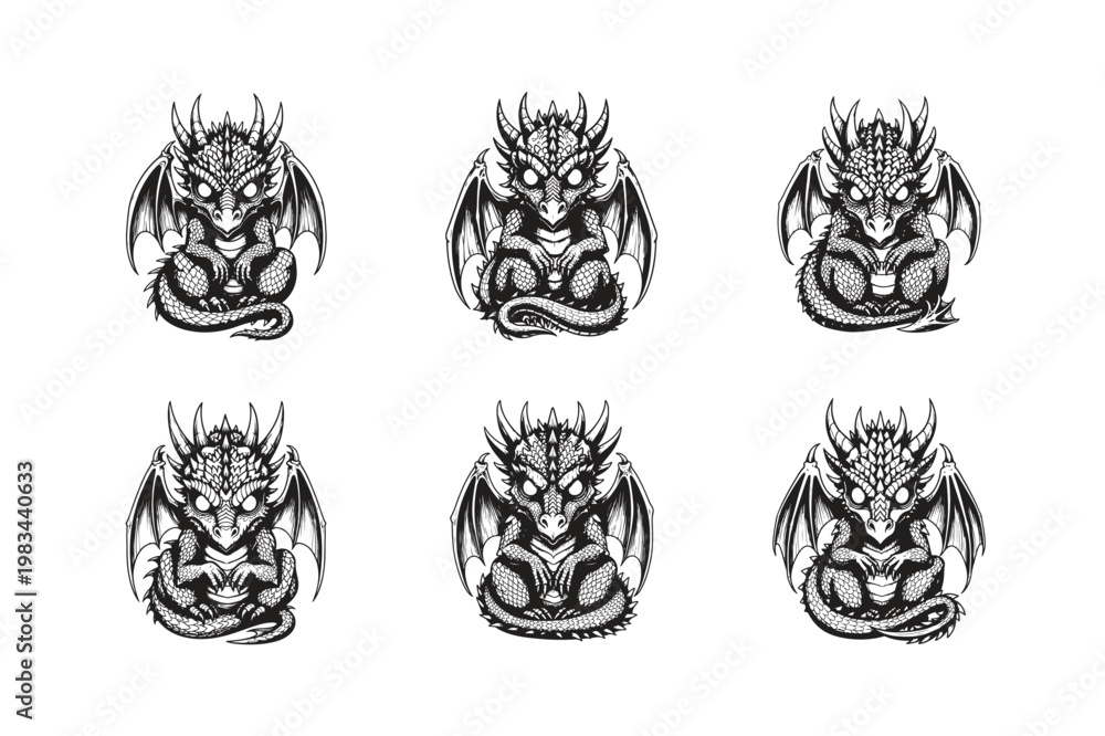 Obraz premium Cute Baby Dragon Vector Illustration, Little Mythical Creature with Wings and Horns, Fantasy Dragon Mascot Character Design