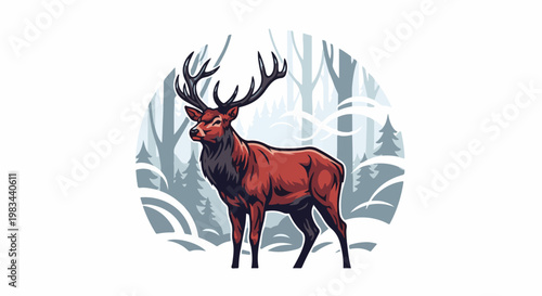 Majestic red deer with large antlers standing in a snowy forest