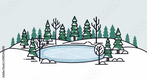 Minimalist winter scene with snow-covered trees and an icy pond