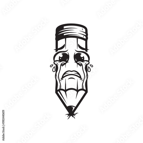 A black and white illustration of a crying pencil designed with a striking silhouette high quality