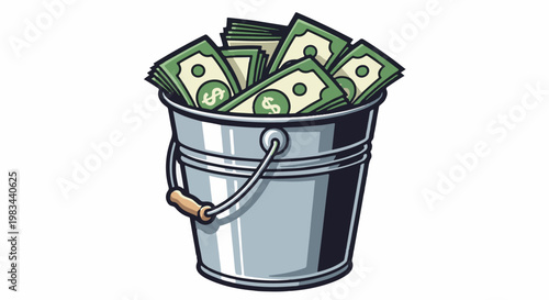 Metal bucket overflowing with paper currency