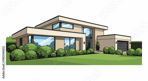 Modern beige house with large windows, manicured bushes, and attached garage