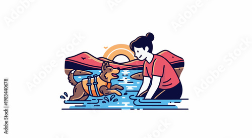 Person and dog enjoy a sunny day by the water