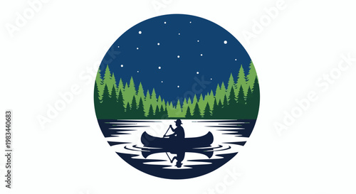 Nighttime canoe adventure through a starry forest reflection