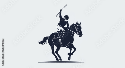 Silhouette of a jockey riding a galloping horse with a whip