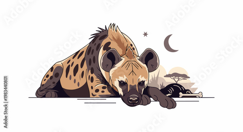 Spotted hyena rests near bones under crescent moon and star