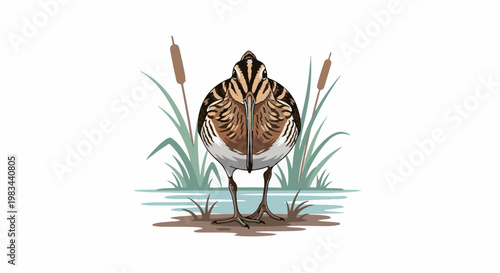 Striped bird stands by water with reeds and cattails