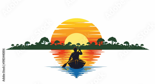 Silhouette of a person paddling a canoe across a reflective lake at sunset