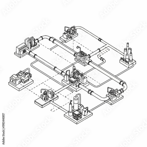 Schematic diagram of an industrial complex with interconnected pipelines and machinery.