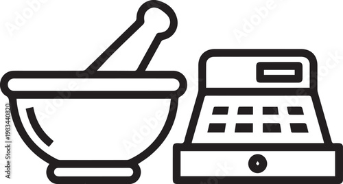Premium Black & White Vector Icon Combining Mortar & Pestle with Cash Register for Pharmaceutical Business, Financial Services, Medical Cost Analysis, Drug Pricing, Healthcare Economics