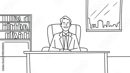 office scene with confident businessman at desk, bookshelf and city skyline background, vector illustration for business leadership and corporate lifestyle.