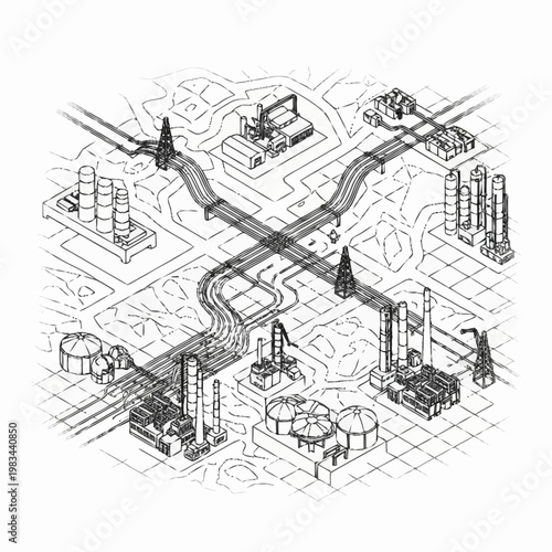 Isometric illustration of an industrial complex with pipelines and factories.