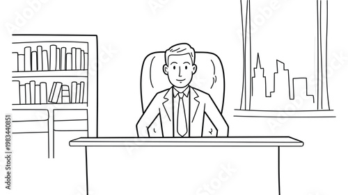 office scene with confident businessman at desk, bookshelf and city skyline background, vector illustration for business leadership and corporate lifestyle.