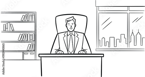 office scene with confident businessman at desk, bookshelf and city skyline background, vector illustration for business leadership and corporate lifestyle.