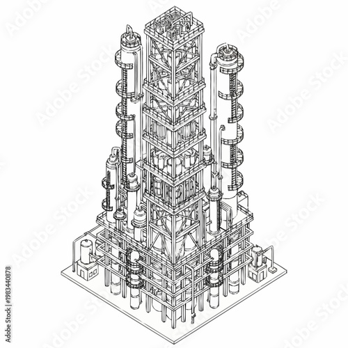 Detailed isometric line drawing of a complex industrial chemical processing plant.