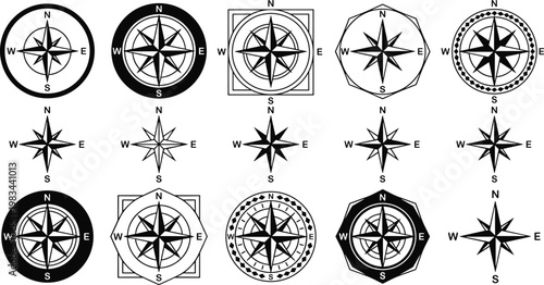 Compass Rose Icon Set Navigation Direction Map Wind Rose Collection Vector Illustration